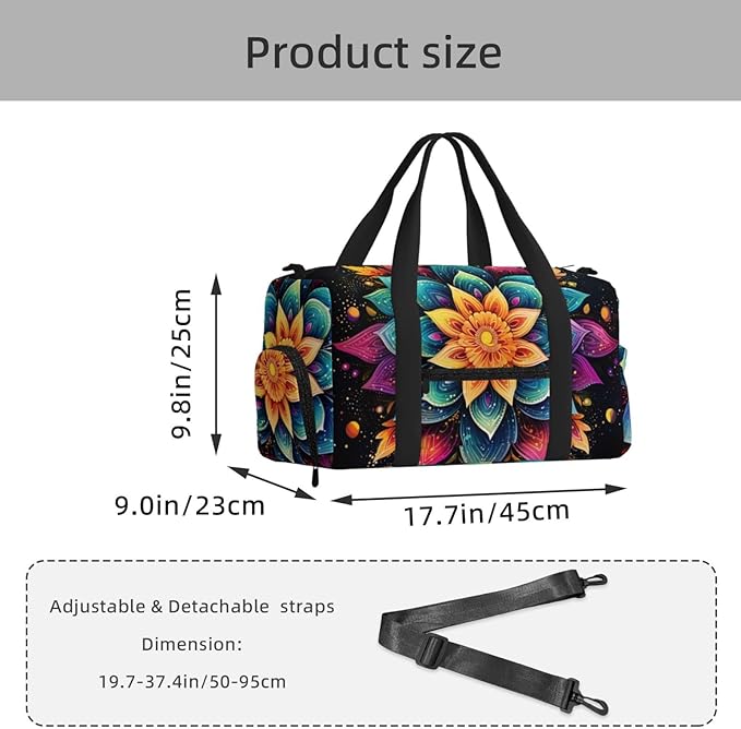 Sports Gym Bag Colorful Boho Mandala Flower Art Painting Travel Duffel Bag With Shoe Compartment Shoulder Strap, Lightweight Water-Resistant Weekend Overnight Totes For Women Men