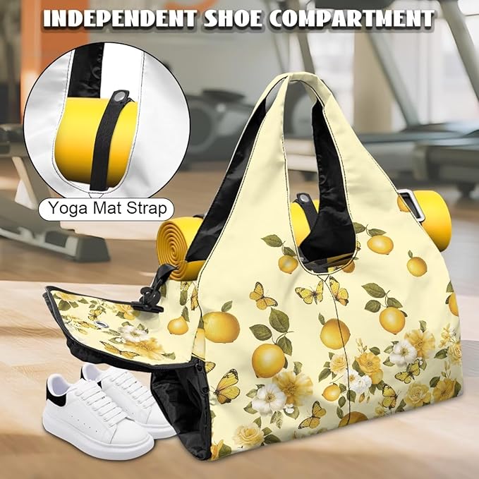 Travel Carry On Bag for Women with Yoga Mat Holder Strap, Lemon Gym Duffle Bag with Shoes Compartment, Wet Pocket, Gym Backpack Carring Workout Stuff Accessories
