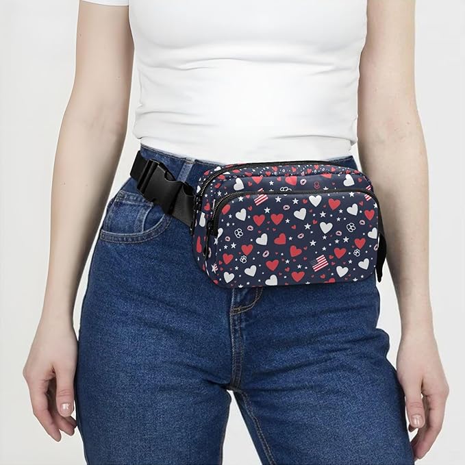 Kawaii American Flag Heart Dog Paw Fanny Pack for Women Men Water Resistant Fashion Waist Packs with Adjustable Strap Belt Bag for Travel Workout Jogging Hiking 21219382