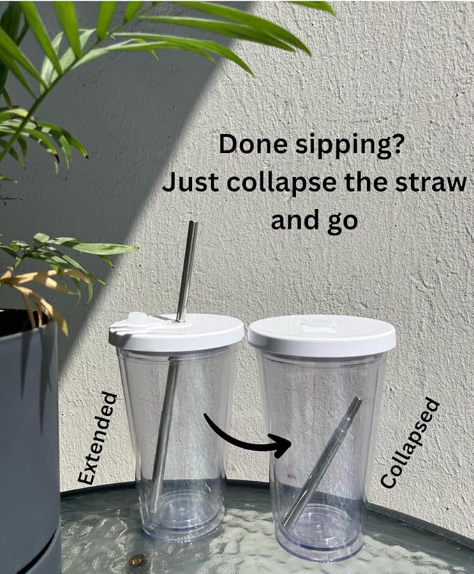 Reusable Iced Coffee Cup (16 Oz), Leakproof Iced Coffee Tumbler with Collapsible Steel Straw and Lid, Double-Wall Insulated, Shatter-Resistant, BPA-Free, Keeps Drinks Cold