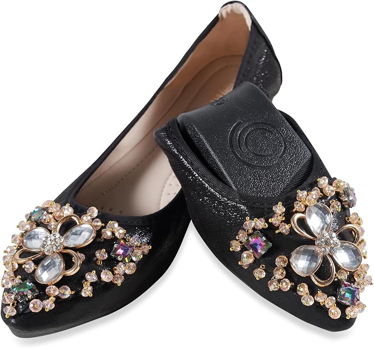 Women Ballet Flats Sparkly Rhinestone Wedding Ballerina Shoes Pointed Toe Foldable Comfort Slip on Flat Dress Shoes