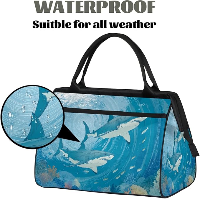 Shark Underwater Fish Travel Duffel Bag, Waterproof Sports Gym Duffle Bag, Large Capacity Weekender Carry On Overnight Bags for Women Men
