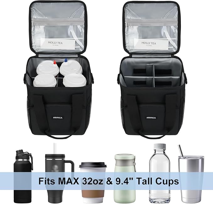 4 Cup Drink Carrier, Reusable Insulated Cup Holder Bag with Leakproof Zippered Lid & Adjustable Dividers, Portable Tote with Shoulder Strap for Delivery, Travel, Coffee