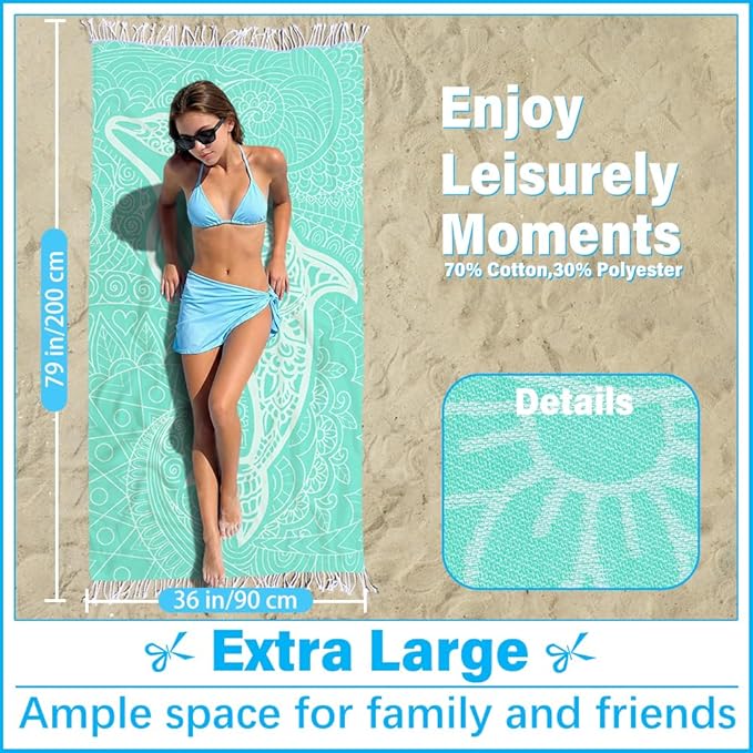 Thin Turkish Beach Towel Lightweight Soft Cotton Extra Large XL Oversized Sand Free Sandproof Absorbent Quick Dry Towels Cloud Bath Pool Travel Compact Essentials Accessories for Adult Gifts