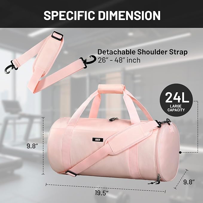 MIER Gym Bag Round Duffle Bag with Shoe Compartment & Wet Pocket, Lightweight Carry on Duffel for Men Women Workout Fitness Travel Sports, 24L, Pink