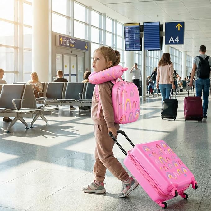 Sanwuta 4 Pcs Kids Luggage Set Rolling Suitcase Backpack U-shaped Pillow Kids Carry On Gift for Summer Travel Family Trip(20 Inch,Rainbow Style,Pink)