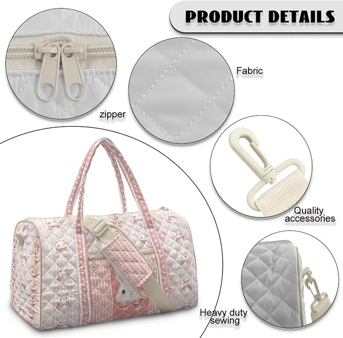 COEQINE Easter Tote Handbags for Women Quilted Gym Bag Pink Quilted Bunny Cute Animal Print Quilted Tote Bags with Shoulder Strap for Overnight Travel Weekender Tote Handbags