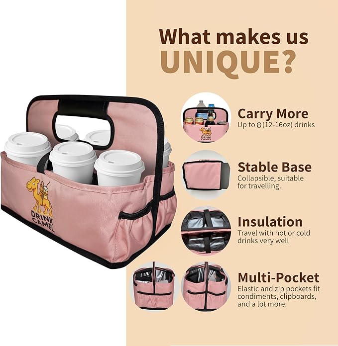Reusable Drink Carrier with Handle, Foldable 6 Cup Drink Holder Carrier for Delivery, Coffee Cup Carrier, Portable Cup Holder Bag for Drinks, to Go Beverage Drink Organizer (Peach)