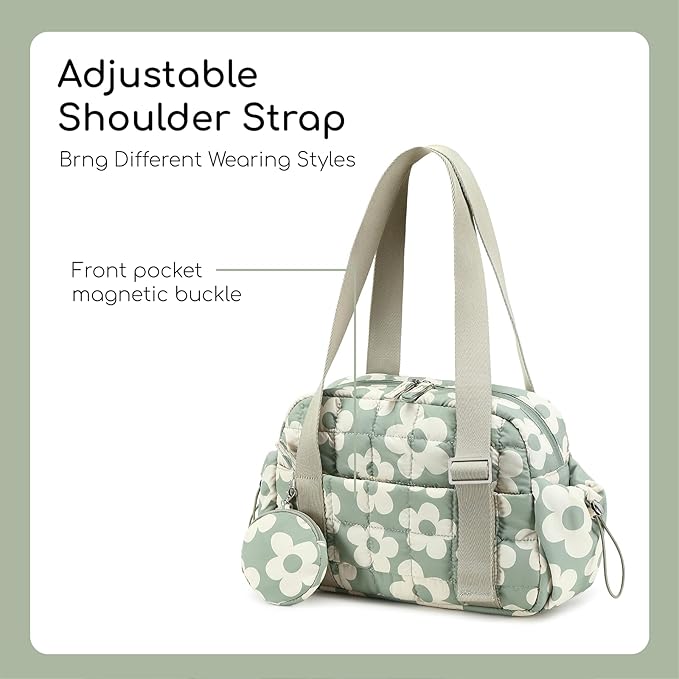 CAMTOP Mini Gym Bag for Women, Small Gym Tote Bag Puffy Quilted Sports Duffel Bag with Wet Compartment and Coin Purse Duffel Bags Dance Yoga Workout Bag for Gifts (Green Flower, Mini-12.6")