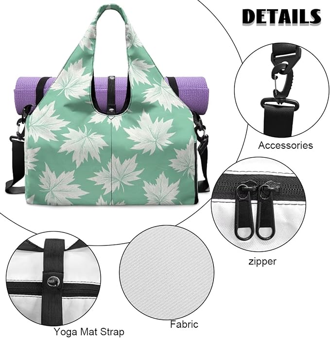 Maple Leaf Travel Duffel Bags for Women with Yoga Mat Strap, Lightweight Green Gym Bag with Shoe Compartment Wet Pocket Fitness Stylish Sport Tote Bag