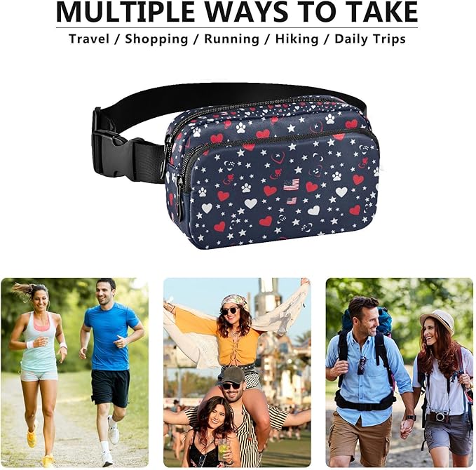 Kawaii American Flag Heart Dog Paw Fanny Pack for Women Men Water Resistant Fashion Waist Packs with Adjustable Strap Belt Bag for Travel Workout Jogging Hiking 21219380