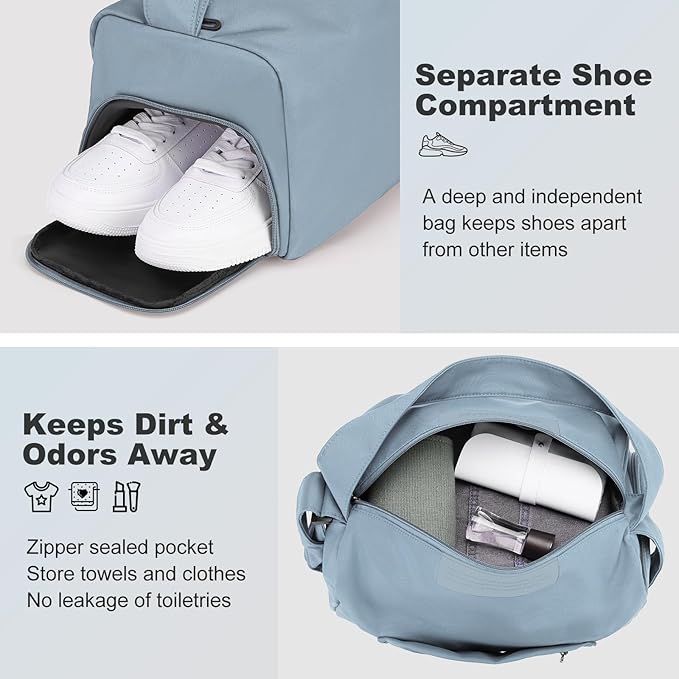 Women's Mini Gym Bag Crossbody, Everyday Sling Duffel with Shoe Compartment & Wet Pocket, Water-Resistant Travel Bag, Dusty Blue