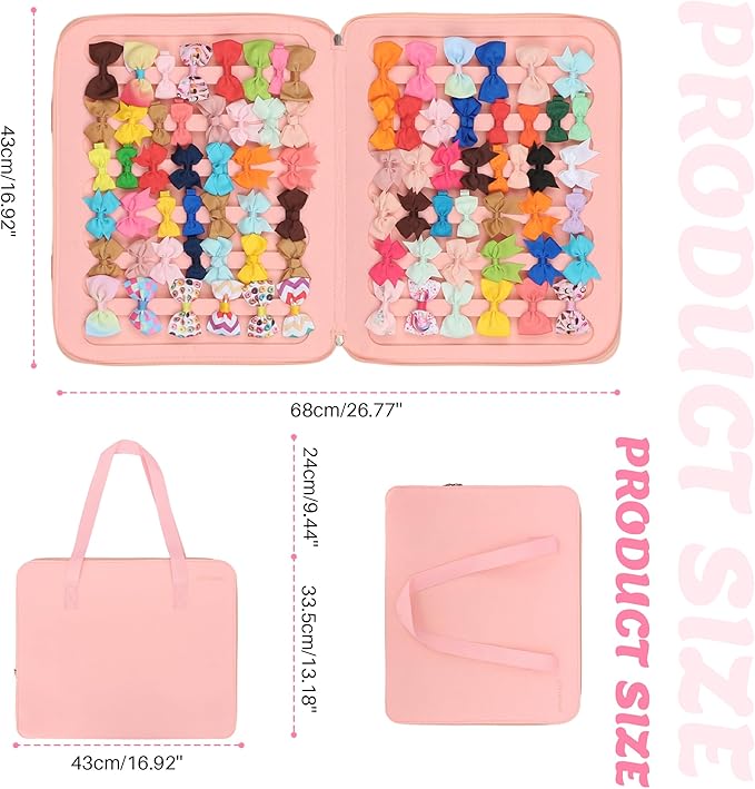 PACMAXI Baby Girl Hair Bow Organizer, Felt Hair Clips Storage Bag, Large Capacity with Handle, Portable Hanging Organizer for Travel & Home (Pink)