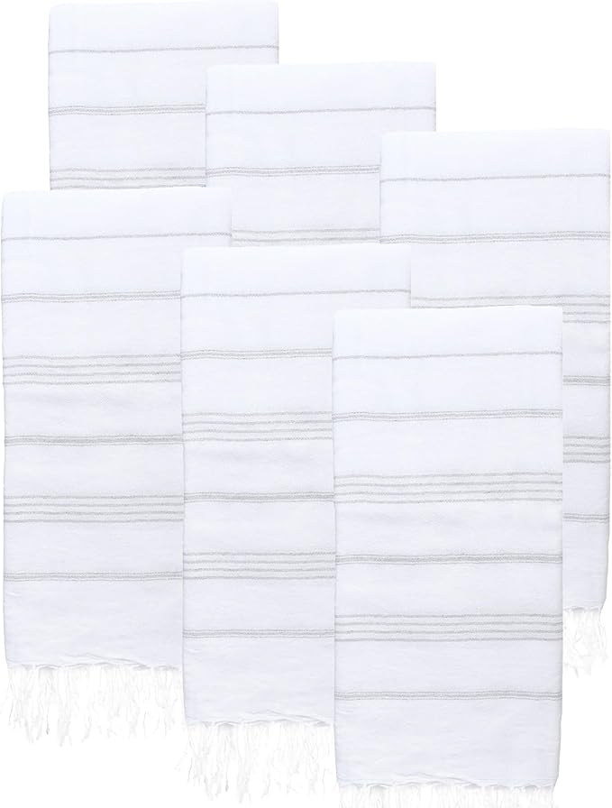 Turkish Beach Towels, Pack of 6 | Oversized, Quick Dry, Sand Free | 100% Cotton, Large 38x71 Towels for Beach, Pool, Travel | Ultra-Soft, Compact, and Absorbent | White