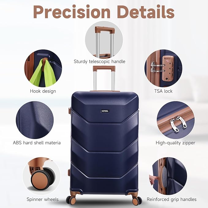 Hoteel Luggage Sets 3 Piece with Spinner Wheels TSA Lock (4-YEAR WARRANTY), Durable Carry On Suitcase Luggages, Wet-Dry Separation Compartment, ABS Hardshell for Travel, School, Dark Blue(20/24/28in)