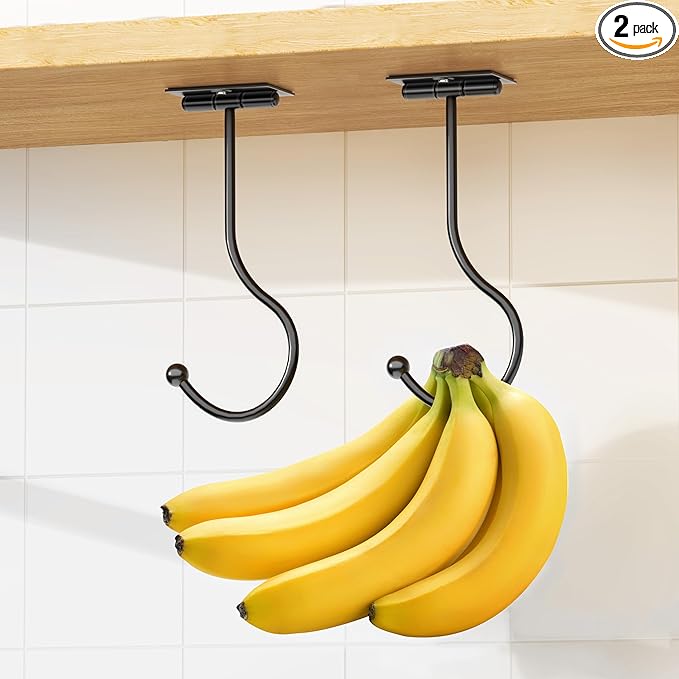 Modern Banana Hanger Hook Under Cabinet: Adhesive Banana Holder, Foldable with Magnets When Not in Use, Under Counter Banana Hook, Stainless, Hold 13 LB, Black, 2 Pack