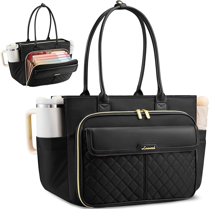 LOVEVOOK Teacher Tote Bag for Women, Laptop Bag Briefcase with Accordion File Pocket, Nurse Handbag for Work, Travel, College | Large Cup Holder, Laptop Compartment, Trolley Sleeve