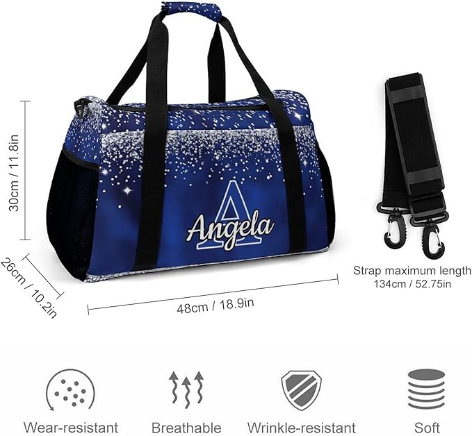 Navy Blue Bling Print Personalized Duffel Sports Bag with Name Custom Weekender Overnight Bag Gym Bag Travel Duffel Bag