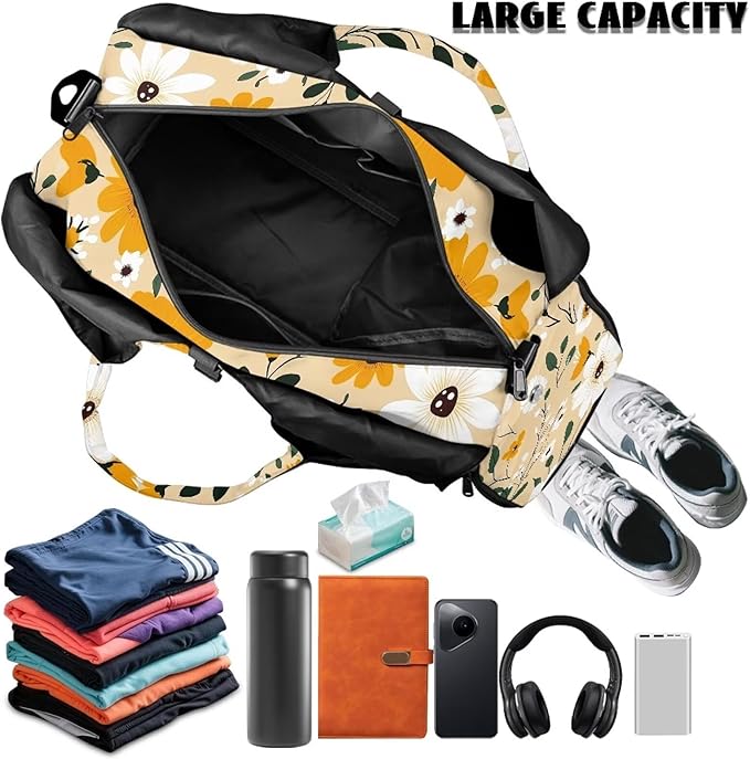 White Daisy Duffle Bag Women with Shoe Compartment and Yoga Mat Holder Yellow Sports Duffel Bag with Wet Pockets for Women, Stylish Portable Fitness Sport Tote Bag
