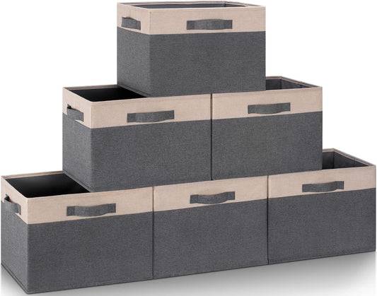GhvyenntteS Large Fabric Storage Bins for Shelves with 3 Handles, 15x11x9.6in Closet Storage Bins, Sturdy Foldable Storage Baskets for Shelves Closet Bedroom Living Room Office (Beige, Set of 6)