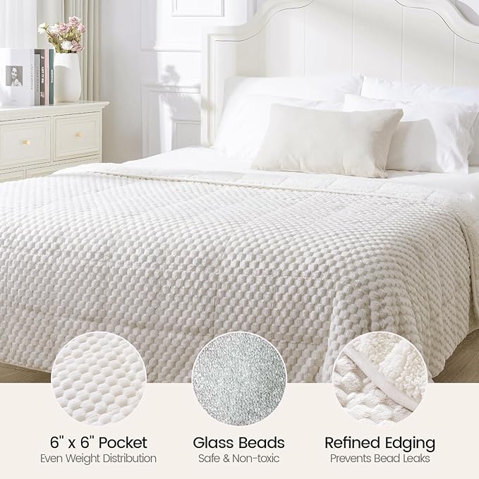Super Fuzzy Soft Fleece Sherpa Weighted Blanket 20 lbs for Adults, 3D Imitation Turtle Shell Luxury Weighted Throw for Better Sleep, Dual Sided Cozy Blankets for Couch Bed, Cream White, 60" x 80"