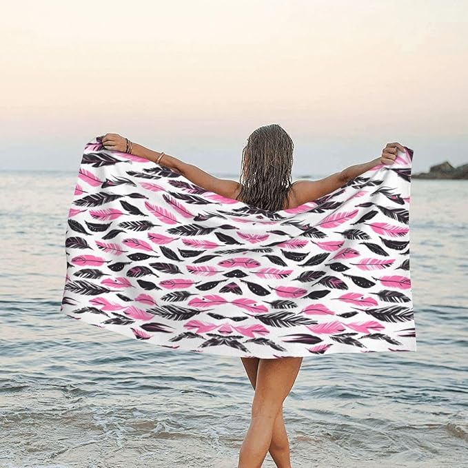 Pink And Black Feather Pattern Sand Free Beach Towel – 27.5"X55" Quick Dry Microfiber Beach Towels For Travel, Swimming, Pool, And Camping, Absorbent And Compact Beach Essential For Women, And Men