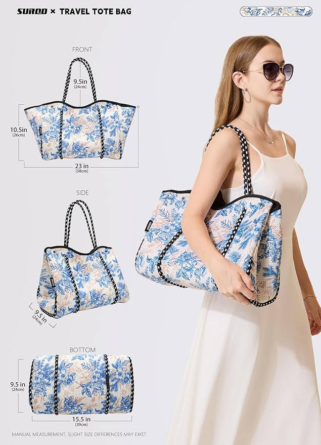 Neoprene Tote Bag for Women, Large Travel Beach Bag with Detachable Pouch, Stylish Lightweight Everyday Carryall