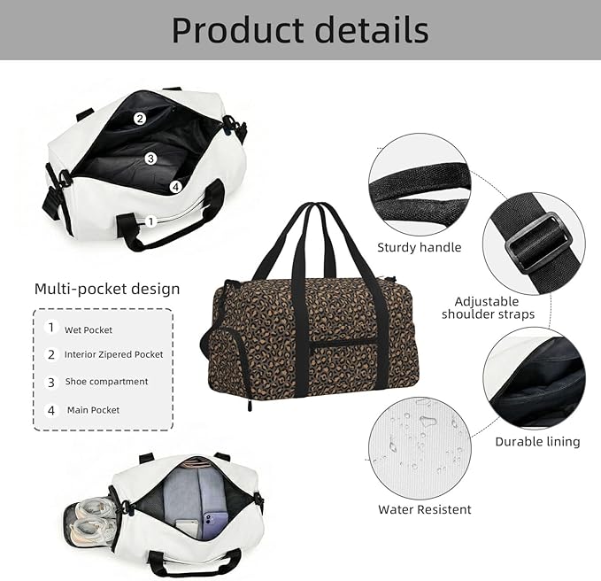 Classic Leopard Women'S Gym Duffle Bag With Shoes Compartment, Ideal For Travel, Gym, Sports, Duffel, Weekender