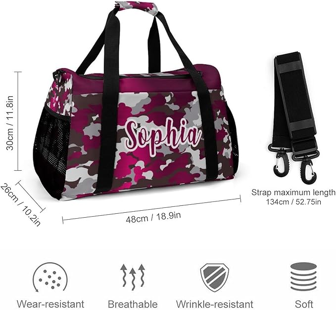 Pink Red Fuchsia Camouflage Camo Travel Bag, Customized Duffel Bags, Overnight Bag, Personalized Gift, Workouts Gym Casual Bag, Perform Backpacks
