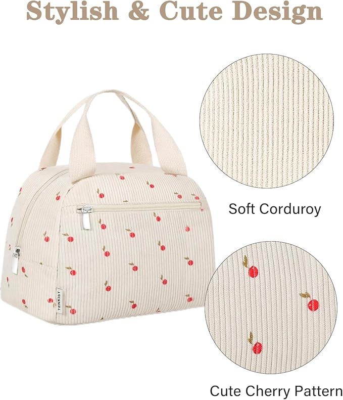 Cute Lunch Box Tote Bag - Corduroy Insulated Cooler Bags for Women - Lightweight Reusable Portable Soft Lunch Pail Kit for Kids Teen Girl Adults Work School Picnic Travel Cherry 12L