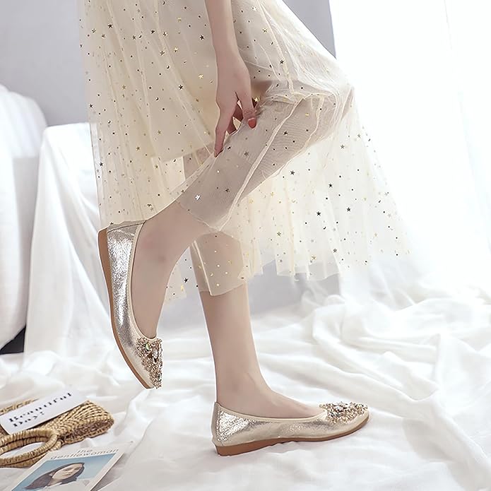 Women Ballet Flats Sparkly Rhinestone Wedding Ballerina Shoes Pointed Toe Foldable Comfort Slip on Flat Dress Shoes