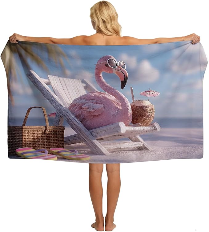 SARA NELL Flamingo Beach Towel, Pink Flamingo with Sunglasses and Coconut Drink Print, Summer Pool Beach Towel for Vacation, Quick Dry Lightweight, 32"x52"