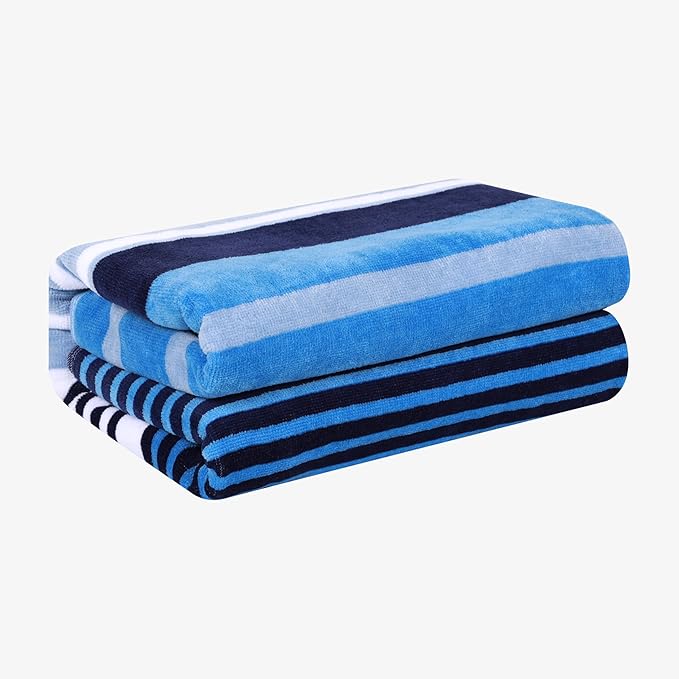 Superior Cotton Beach Towel, Absorbent Oversized Towel for Swimming Pool, Camping, Bathroom, Shower, Large, Quick Drying, Adults, Kids, Colorful, Mira Striped Collection, 68" x 34", Blue-Navy