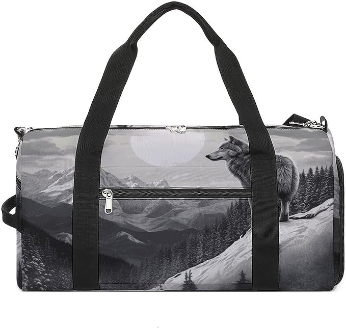 Snow Mountain Lone Wolf Gym Bag Lightweight ，Travel Duffle Bag with Shoe Compartment，Gym Bag for Women for Overnight, Weekend, Yoga, Gym, Business Trips, Sport And Hospital.
