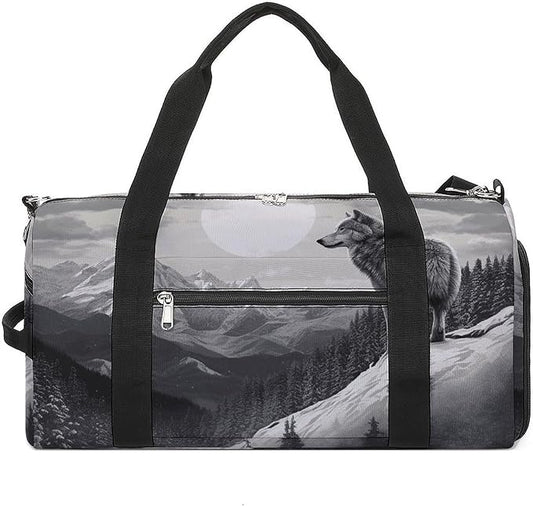 Snow Mountain Lone Wolf Gym Bag Lightweight ，Travel Duffle Bag with Shoe Compartment，Gym Bag for Women for Overnight, Weekend, Yoga, Gym, Business Trips, Sport And Hospital.