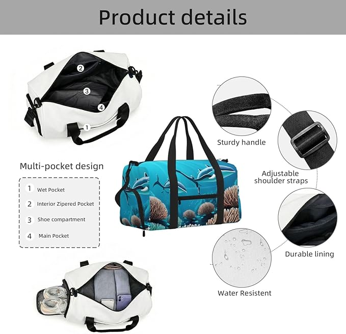 Deep Sea Whales Print Gym Bag with Shoe Compartment for Women Men, 17.7in Sports Duffle Weekender Tote, Overnight Travel Duffel Bag Carry On
