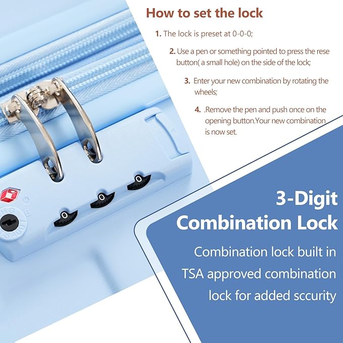 24 Inch Hardshell Luggage Lightweight Checked Luggage, Sky Blue Hardside ABS Suitcases with Double Wheels and TSA Lock, Medium Expandable 24-inch Carry on Luggages for Travel, Men, Women
