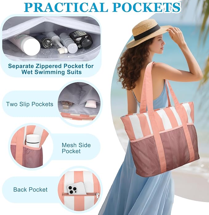 VASCHY Beach Bag for Women, Foldable Waterproof Sandproof Beach Tote with Zipper/Mesh Pockets for Vocation/Cruise/Gym/Travel