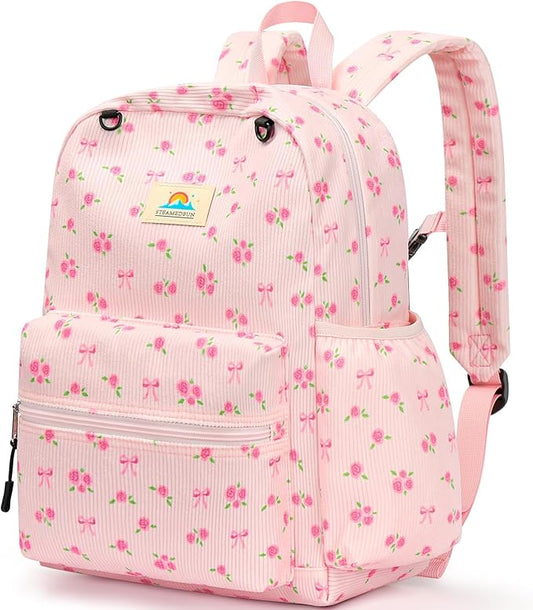 STEAMEDBUN Corduroy Kids Backpack for Girls and Boys 5-8: Girls Backpack for Elementary Kindergarten - 15 inch Cute Backpacks for Kids - Rose
