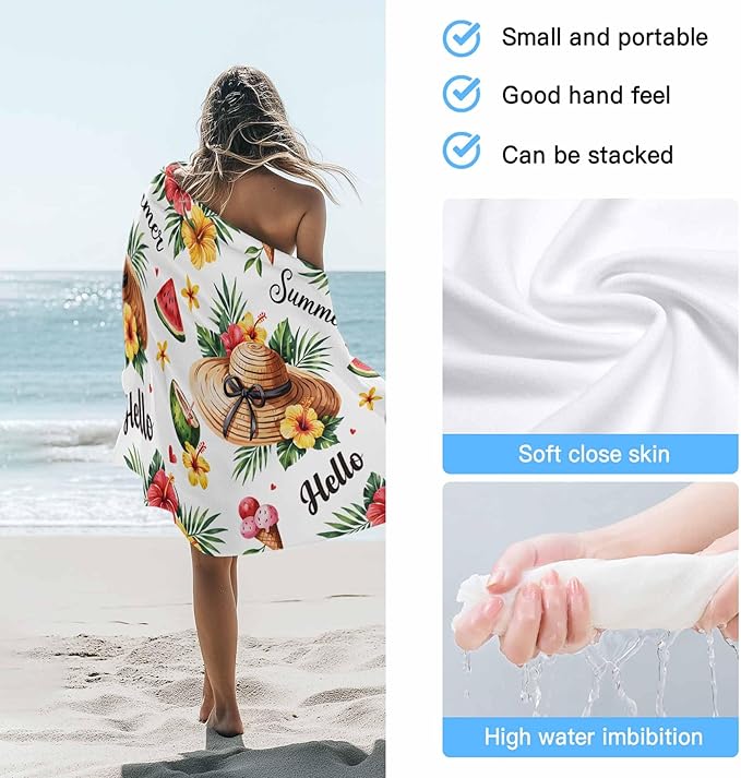 Summer Tropical Plants Beach Towel 35" x 71" Hibiscus Flowers Watermelon Pattern Quick Dry Sand Free Pool Towels Soft & Absorbent Compact Towels Beach Accessories for Travel Bathroom Swimming Pool