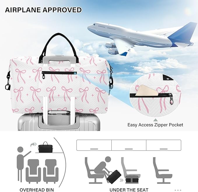 Travel Duffle Bag, Beautiful Light Red Bows Gym Bag with Storage Bag Weekender Overnight Bag for Men Women Trip Sports Yoga