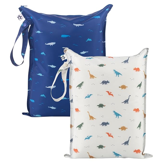 Tiny Twinkle Mess Proof Wet Bags | 2-Pack Reusable Waterproof Wet Bags for Swimsuits | Baby Clothes | Travel & Diaper Bag (Dinosaur, Ocean Life)