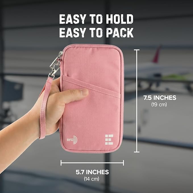 Zero Grid RFID Family Passport Holder for up to 6 Passports, Large Zippered Wallet for Men & Women, Fits Cards, Cash, ID, Sim Card, AirTag; Premium & Compact Travel Document Holder - Rose Pink