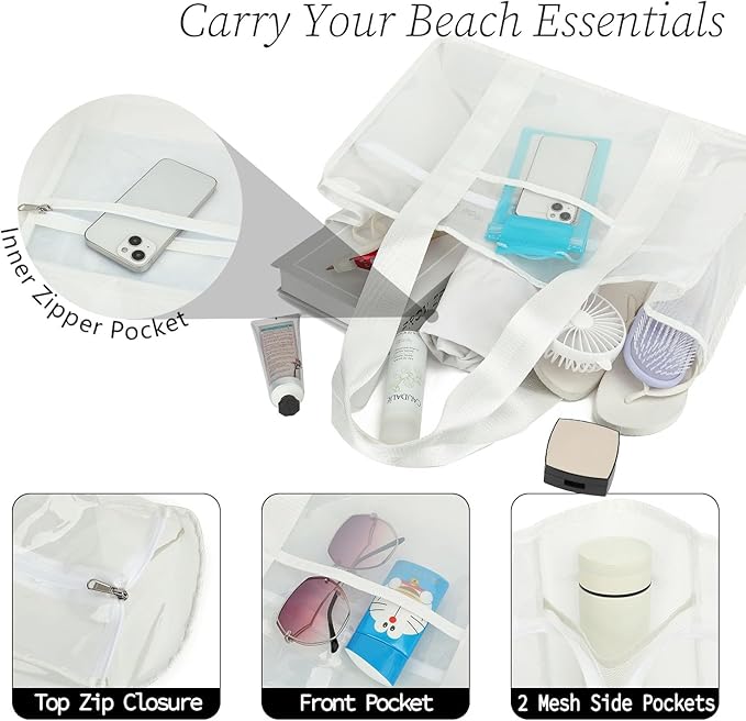 Iridescent Clear Beach Bag for Women, Large Pool Tote Cruise Vacation Essentials - Waterproof, Zipper Closure