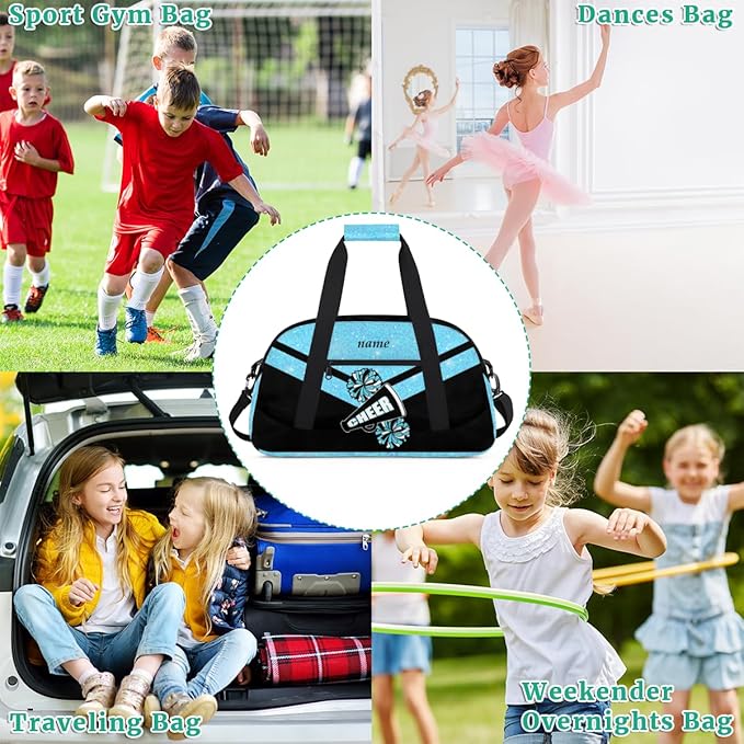 Custom Name Black Blue Cheerleading Gym Travel Duffle Bag with Front Zipper Pocket Personalizedfor Sports Bag for Overnight, Weekender, Carry On,Workout & Dance, 18.9 * 8.7 * 10.6 in