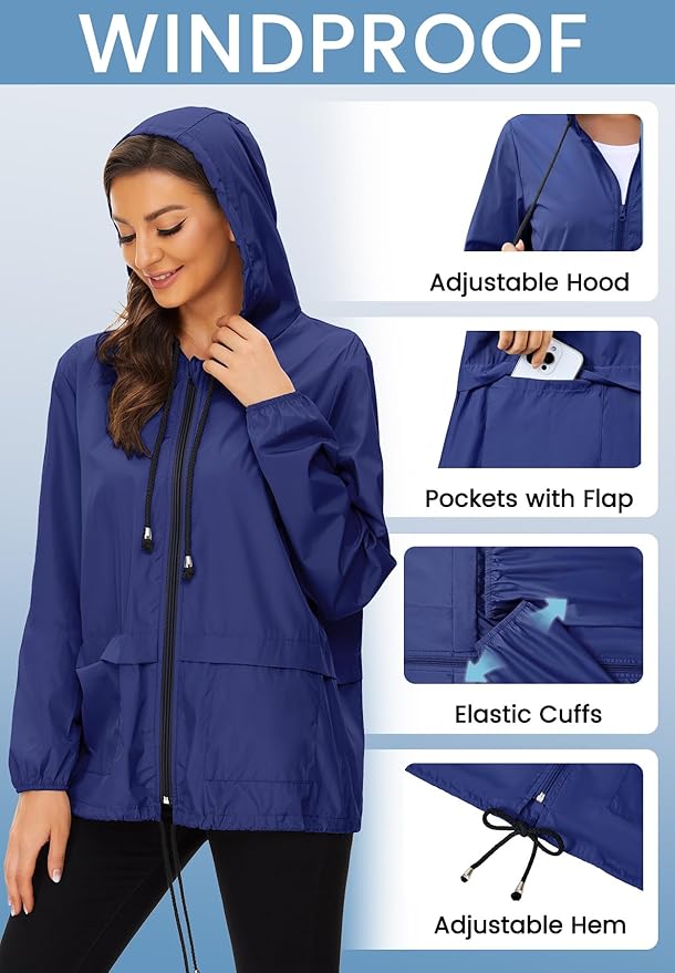 Zando Lightweight Rain Jacket Women Waterproof - Raincoat for Women Packable Rain coat Hooded Windbreaker for Travel Outdoor