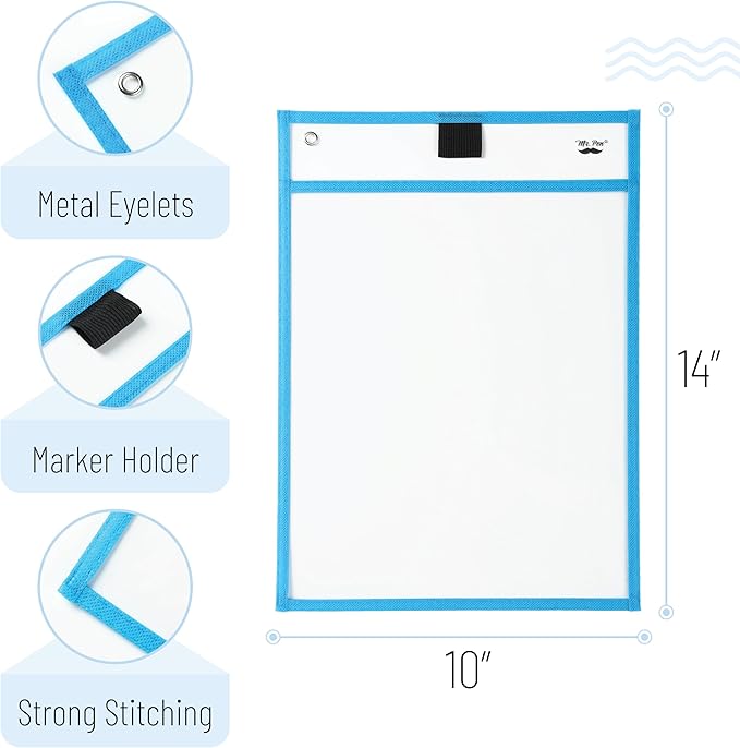 Mr. Pen- Dry Erase Pocket Sleeves, 6 Pack, 10"x14", Ocean Breeze Color Theme, Dry Erase Pockets Reusable Sleeves, Job Ticket Holders with Marker Holder & Metal Eyelet