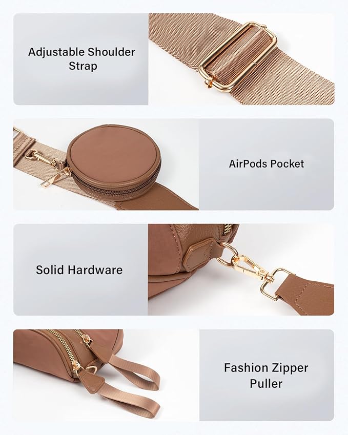 Cross Body Bag for Women Bum Bag Belt Bags Fanny Packs for Girls Travel Purse Fashion Waist Packs Crossbody Nylon Purse Trendy Shoulder Bags for Womens with Removable Wallets Purse Belt Pouch(Caramel)