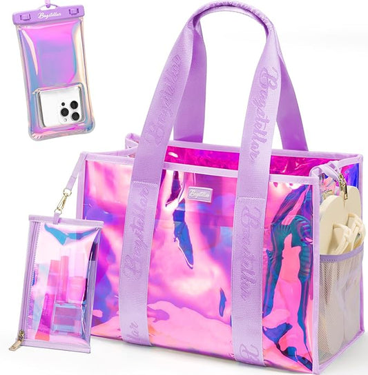 Bagstellar Iridescent Beach Tote Bags for Women, Large Zipper Beach Pool Swim Bag with Makeup Bag & Waterproof Phone Pouch | Waterproof Sandproof, Adjustable Strap, Packable, Foldable, Travel Tote Bags, Vacation Essentials, Gift for Women