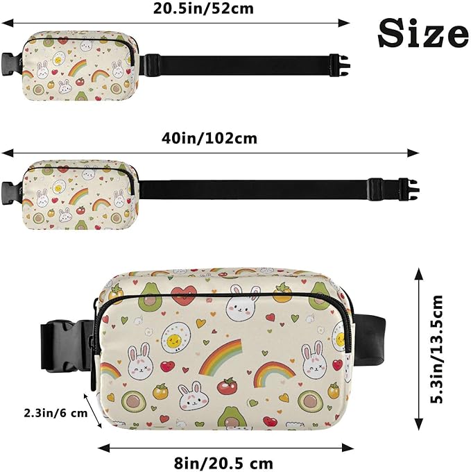 Kawaii Avocado Rabbit Rainbow Fanny Pack for Women Men Water Resistant Fashion Waist Packs with Adjustable Strap Belt Bag for Travel Workout Jogging Hiking 21219083